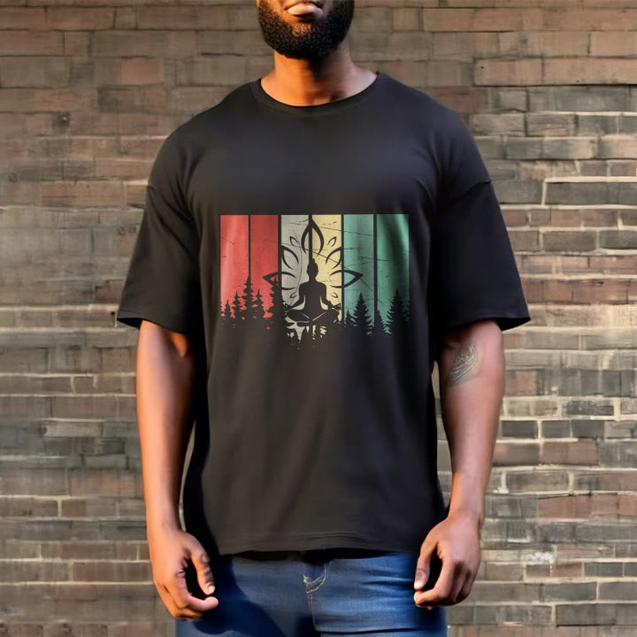 Buddha Stones Statua Buddy Medytująca W Pozycji Lotosu Wzór Cienia Bawełniana Koszulka T-shirt - image 3