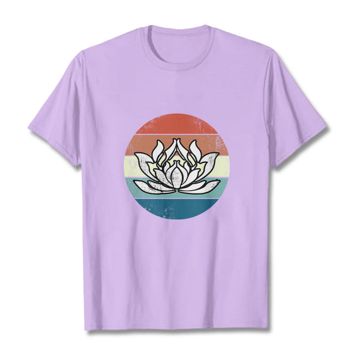 Koszulka z nadrukiem Buddha Stones Kwitnący Lotos Kolorowy Pasiasty Wzór Bawełniany T-shirt - Śliwka - 2XL - image 16