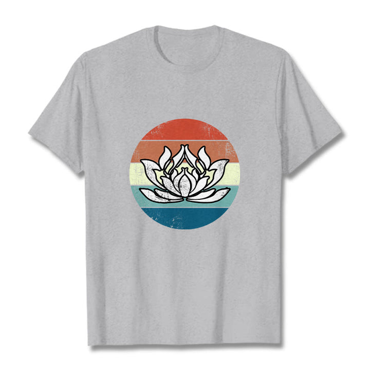 Koszulka z nadrukiem Buddha Stones Kwitnący Lotos Kolorowy Pasiasty Wzór Bawełniany T-shirt - Jasnoszary - 2XL - image 19