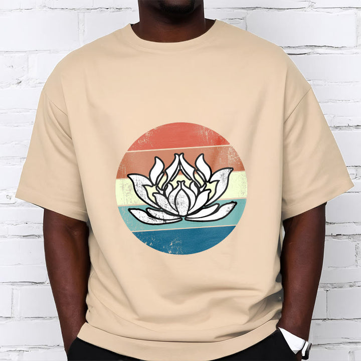 Koszulka z nadrukiem Buddha Stones Kwitnący Lotos Kolorowy Pasiasty Wzór Bawełniany T-shirt - image 9