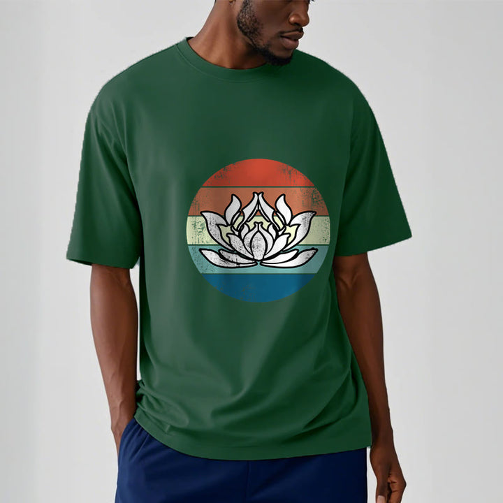 Koszulka z nadrukiem Buddha Stones Kwitnący Lotos Kolorowy Pasiasty Wzór Bawełniany T-shirt - image 11