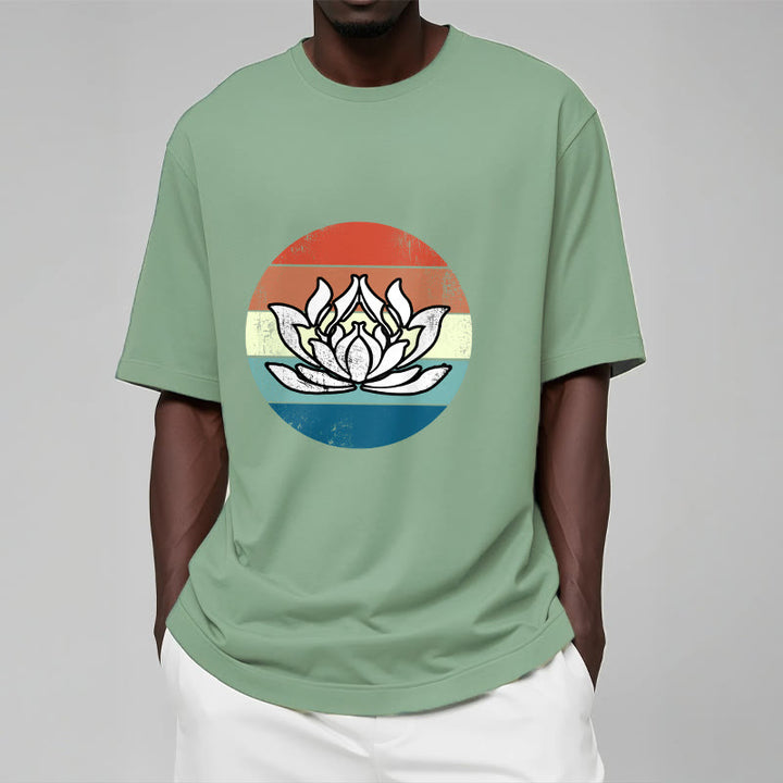 Koszulka z nadrukiem Buddha Stones Kwitnący Lotos Kolorowy Pasiasty Wzór Bawełniany T-shirt - image 15