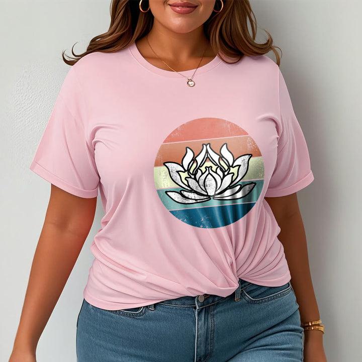 Koszulka z nadrukiem Buddha Stones Kwitnący Lotos Kolorowy Pasiasty Wzór Bawełniany T-shirt - image 13