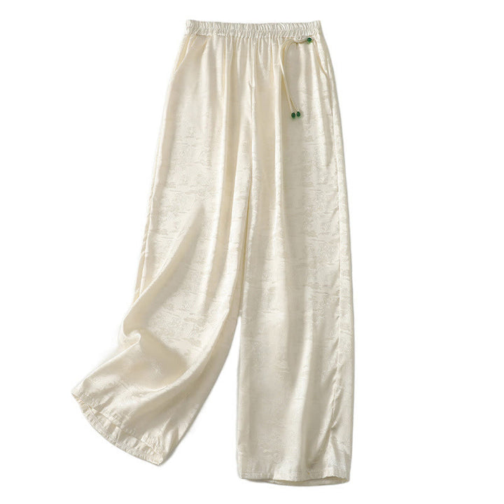 Spodnie damskie szerokie nogawki Buddha Stones Spring Casual Jacquard Solid Color Cotton Linen z kieszeniami