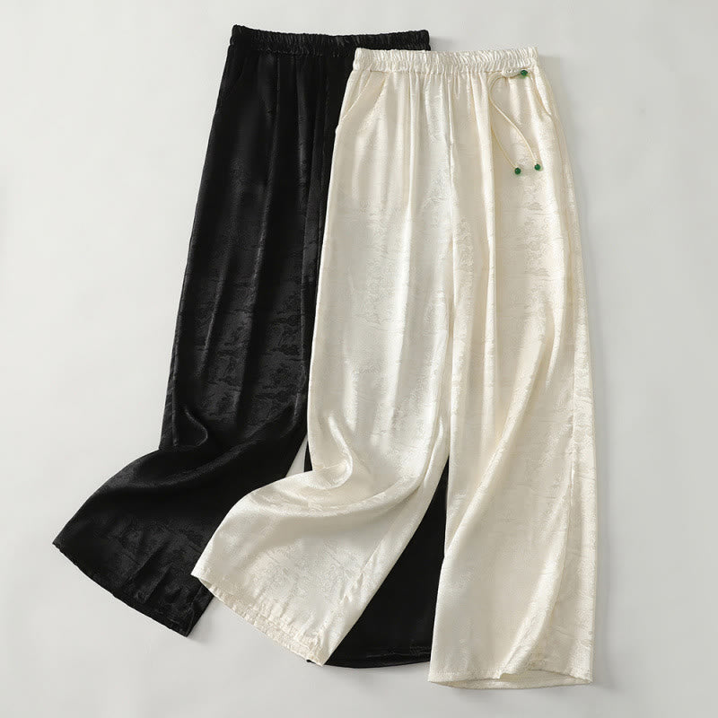 Spodnie damskie szerokie nogawki Buddha Stones Spring Casual Jacquard Solid Color Cotton Linen z kieszeniami
