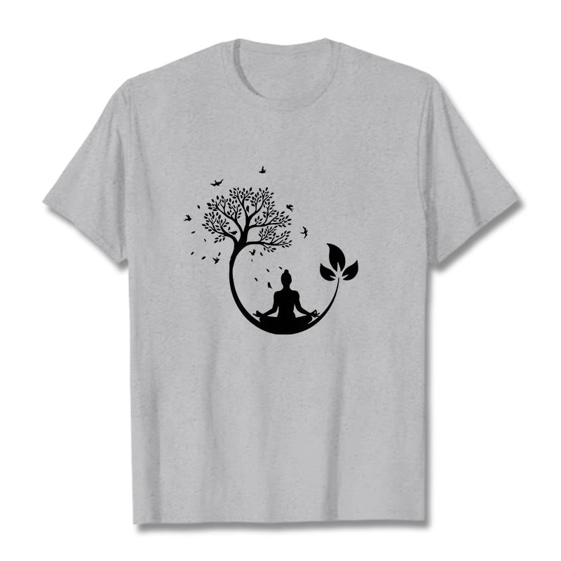 Buddha Stones Budda Medytujący W Drzewie Wzór Bawełniana Koszulka T-shirt - Jasnoszary - 2XL - image 19