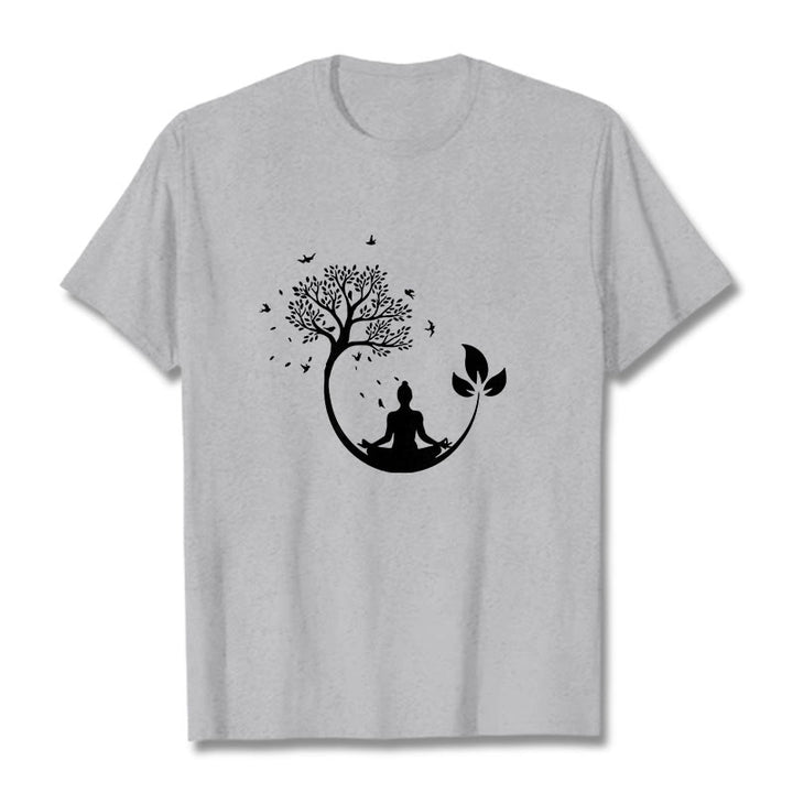 Buddha Stones Budda Medytujący W Drzewie Wzór Bawełniana Koszulka T-shirt - Jasnoszary - 2XL - image 19