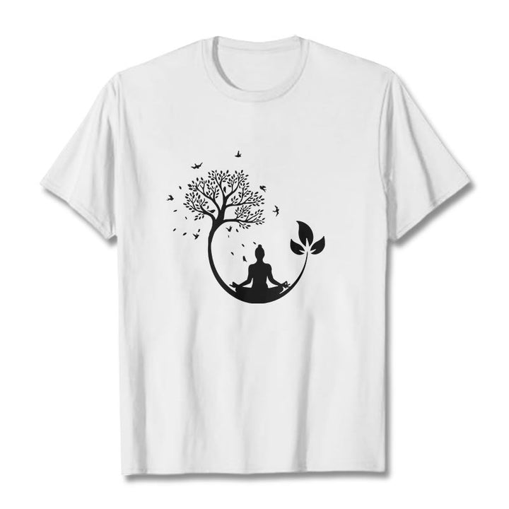 Buddha Stones Budda Medytujący W Drzewie Wzór Bawełniana Koszulka T-shirt - Biały - 2XL - image 0