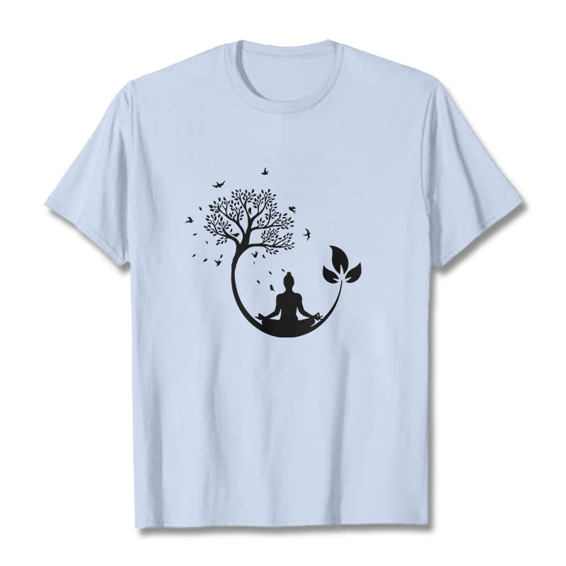 Buddha Stones Budda Medytujący W Drzewie Wzór Bawełniana Koszulka T-shirt - Jasnoniebieski - 2XL - image 18