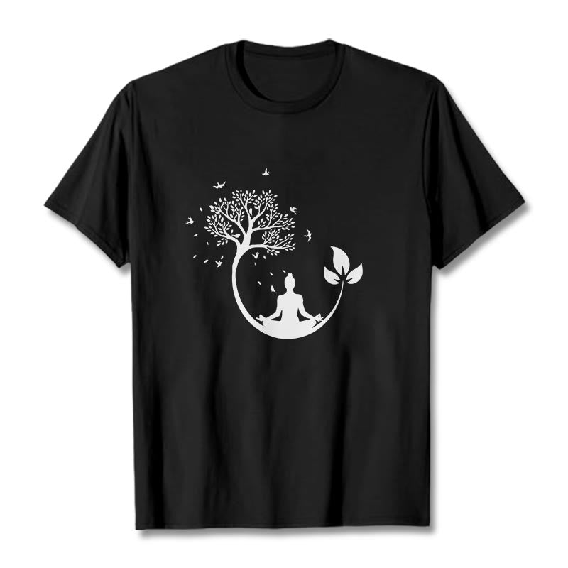 Buddha Stones Budda Medytujący W Drzewie Wzór Bawełniana Koszulka T-shirt - Czarny - 2XL - image 4