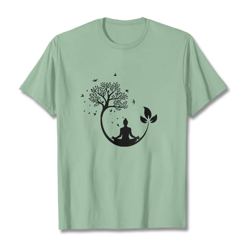 Buddha Stones Budda Medytujący W Drzewie Wzór Bawełniana Koszulka T-shirt - PaleGreen - 2XL - image 14