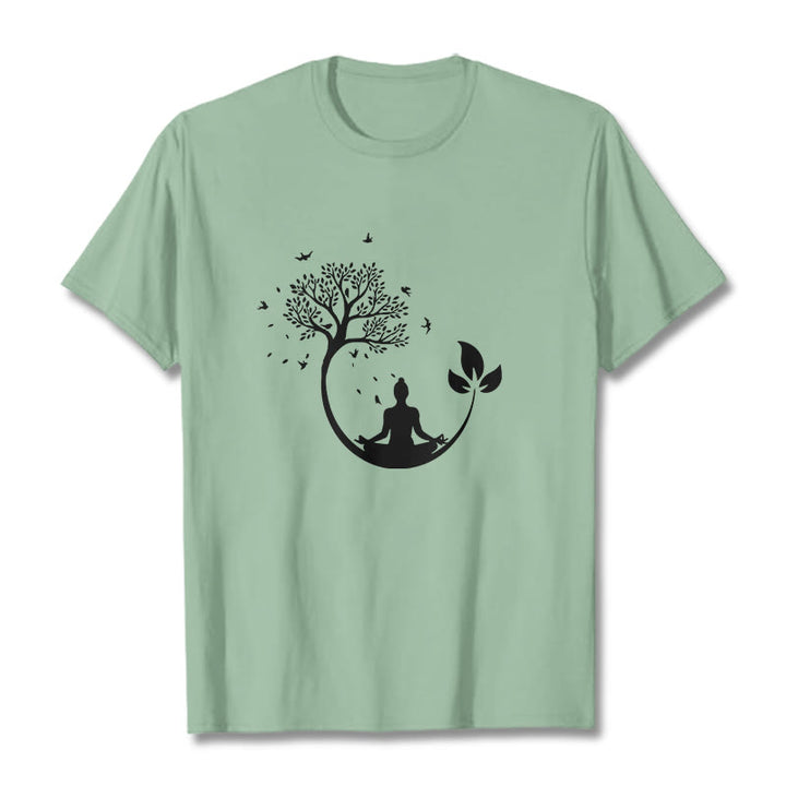 Buddha Stones Budda Medytujący W Drzewie Wzór Bawełniana Koszulka T-shirt - PaleGreen - 2XL - image 14