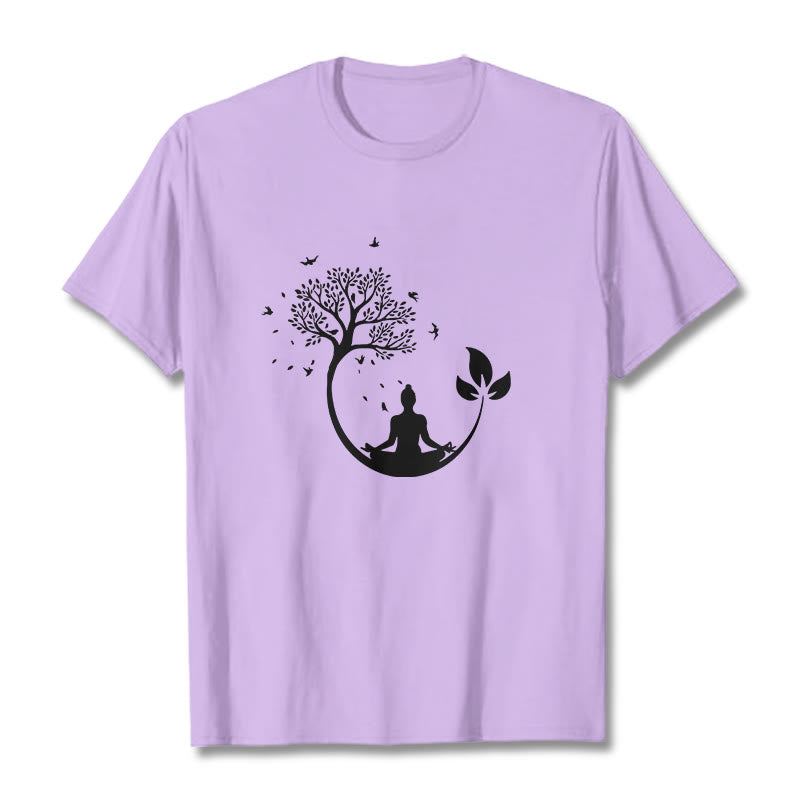 Buddha Stones Budda Medytujący W Drzewie Wzór Bawełniana Koszulka T-shirt - Śliwka - 2XL - image 16
