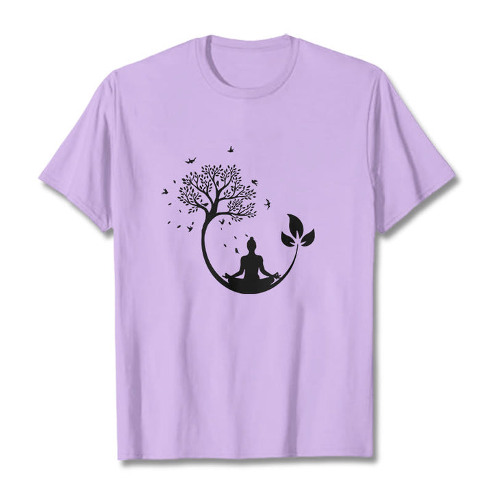 Buddha Stones Budda Medytujący W Drzewie Wzór Bawełniana Koszulka T-shirt - Śliwka - 2XL - image 16