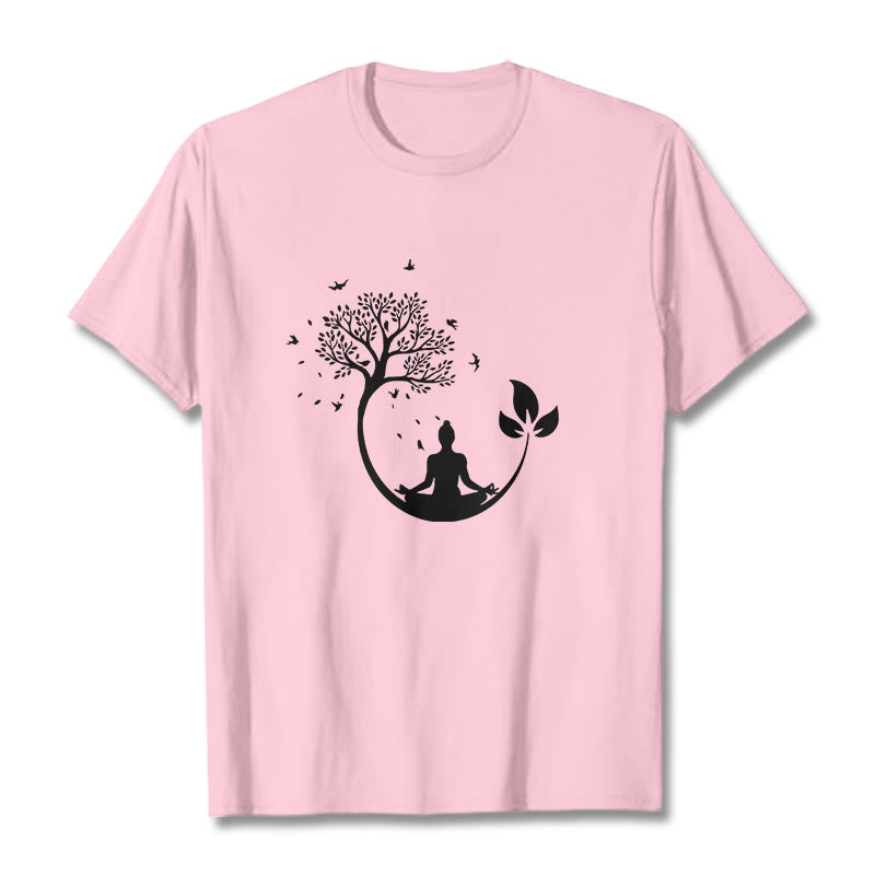 Buddha Stones Budda Medytujący W Drzewie Wzór Bawełniana Koszulka T-shirt - Jasnoróżowy - 2XL - image 12