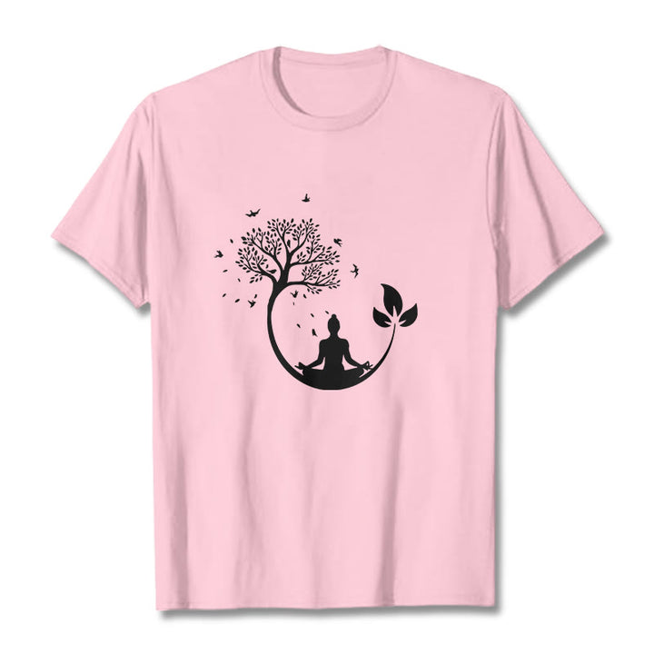 Buddha Stones Budda Medytujący W Drzewie Wzór Bawełniana Koszulka T-shirt - Jasnoróżowy - 2XL - image 12