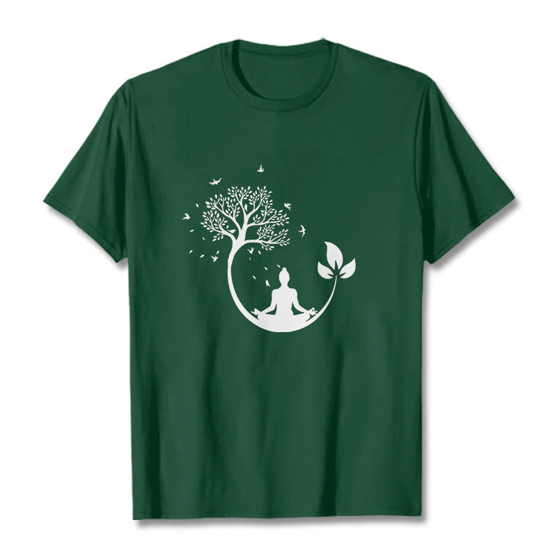 Buddha Stones Budda Medytujący W Drzewie Wzór Bawełniana Koszulka T-shirt - ForestGreen - 2XL - image 10