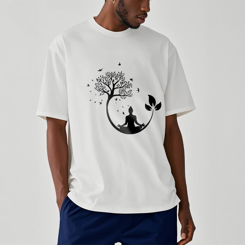 Buddha Stones Budda Medytujący W Drzewie Wzór Bawełniana Koszulka T-shirt - image 1