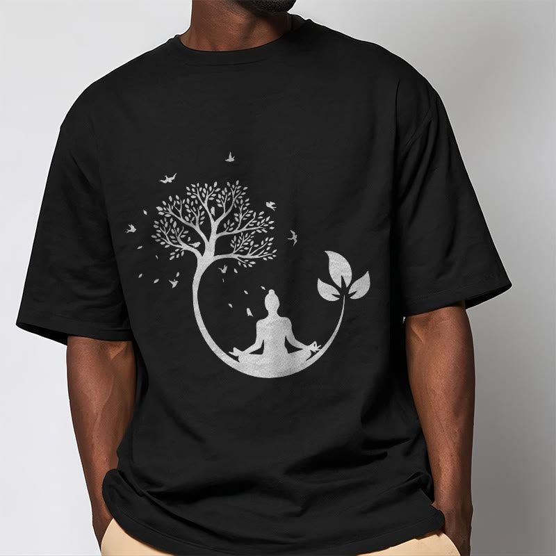 Buddha Stones Budda Medytujący W Drzewie Wzór Bawełniana Koszulka T-shirt - image 7