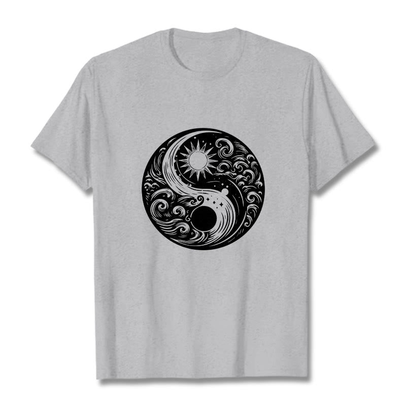 Buddha Stones Słońce Księżyc Fale Yin Yang Wzór Bawełna Koszulka T-shirt - Jasnoszary - 2XL - image 19
