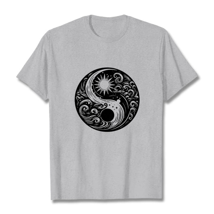 Buddha Stones Słońce Księżyc Fale Yin Yang Wzór Bawełna Koszulka T-shirt - Jasnoszary - 2XL - image 19