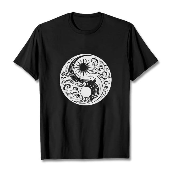 Buddha Stones Słońce Księżyc Fale Yin Yang Wzór Bawełna Koszulka T-shirt - Czarny - 2XL - image 4