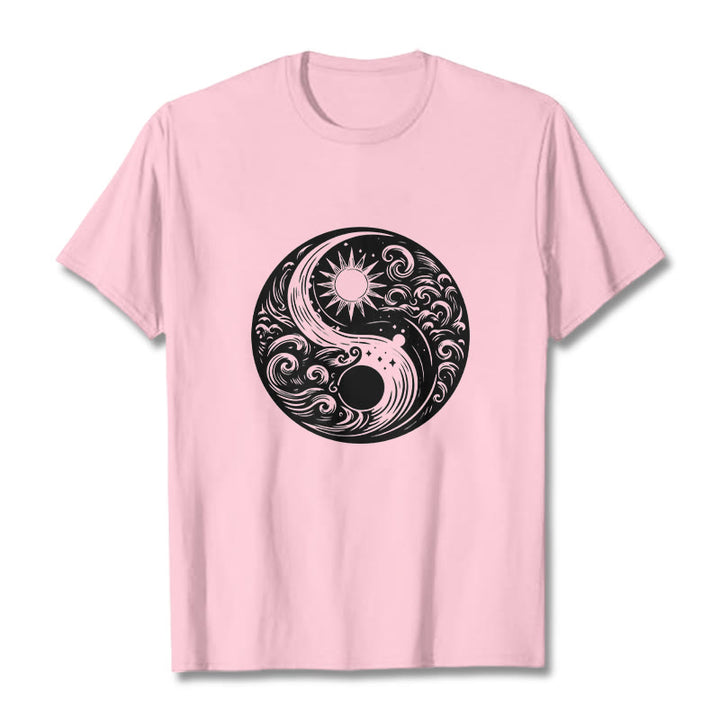 Buddha Stones Słońce Księżyc Fale Yin Yang Wzór Bawełna Koszulka T-shirt - Jasnoróżowy - 2XL - image 12