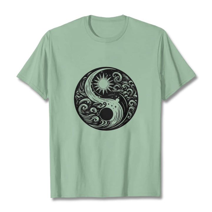 Buddha Stones Słońce Księżyc Fale Yin Yang Wzór Bawełna Koszulka T-shirt - PaleGreen - 2XL - image 14