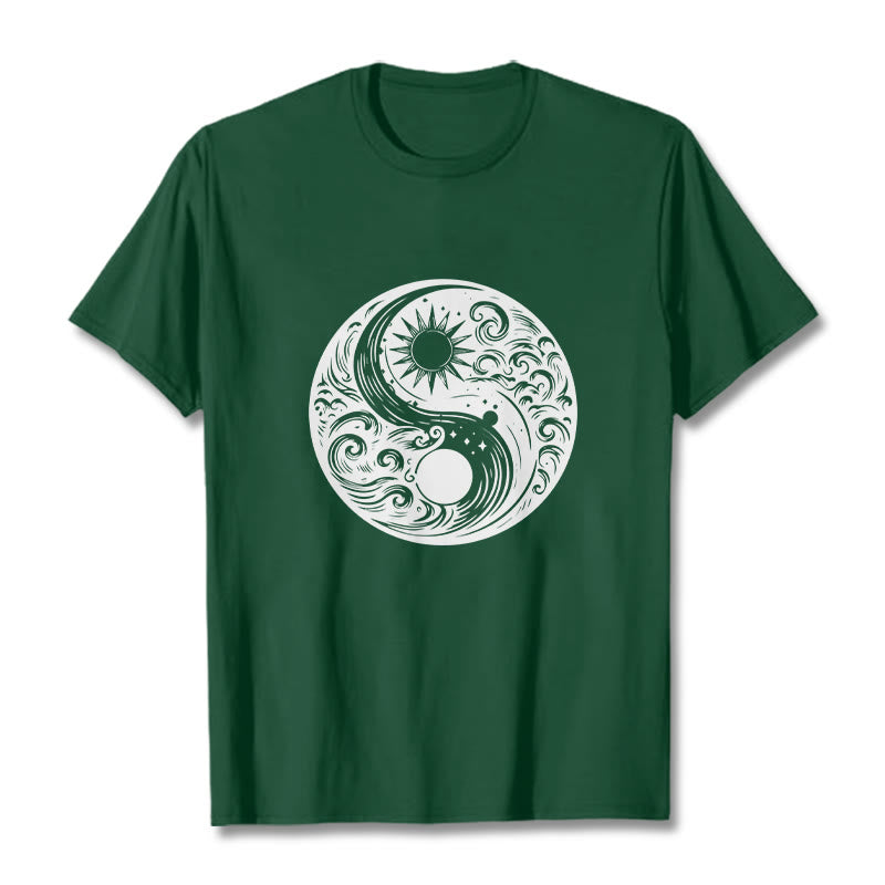 Buddha Stones Słońce Księżyc Fale Yin Yang Wzór Bawełna Koszulka T-shirt - ForestGreen - 2XL - image 10
