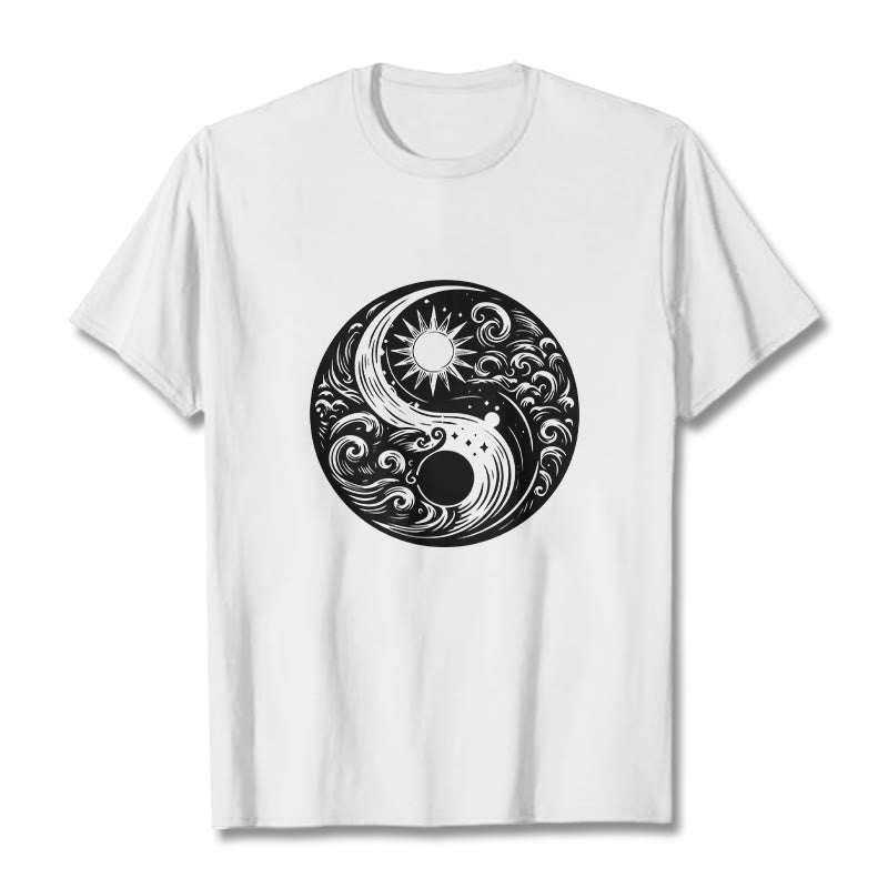 Buddha Stones Słońce Księżyc Fale Yin Yang Wzór Bawełna Koszulka T-shirt - Biały - 2XL - image 0