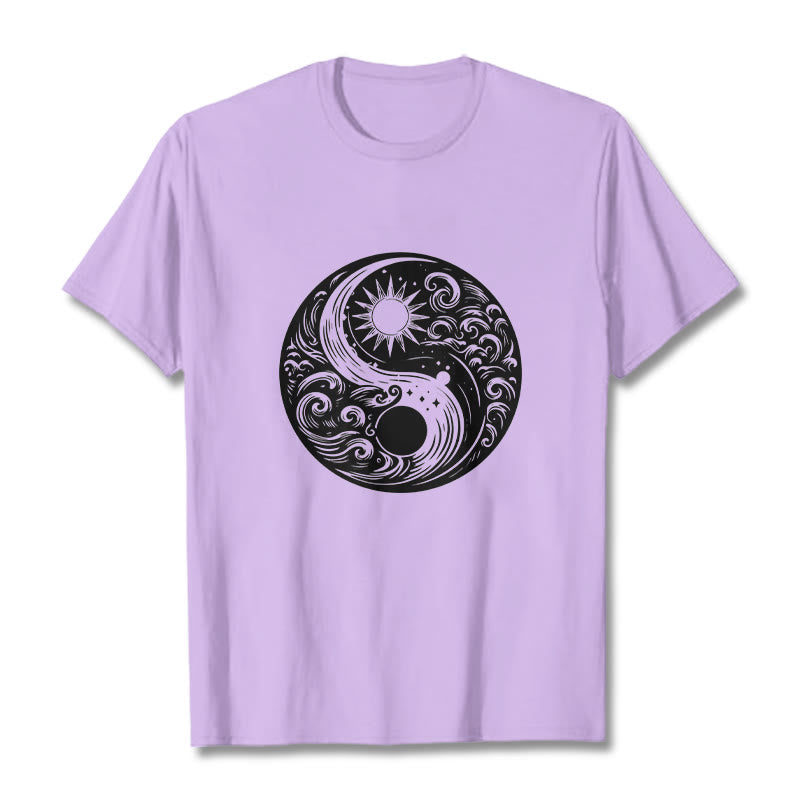 Buddha Stones Słońce Księżyc Fale Yin Yang Wzór Bawełna Koszulka T-shirt - Śliwka - 2XL - image 17