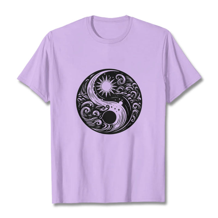Buddha Stones Słońce Księżyc Fale Yin Yang Wzór Bawełna Koszulka T-shirt - Śliwka - 2XL - image 17