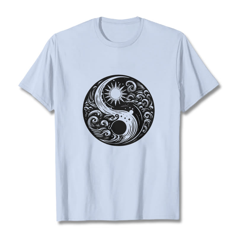 Buddha Stones Słońce Księżyc Fale Yin Yang Wzór Bawełna Koszulka T-shirt - Jasnoniebieski - 2XL - image 19
