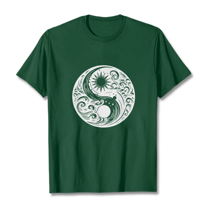 Buddha Stones Słońce Księżyc Fale Yin Yang Wzór Bawełna Koszulka T-shirt - ForestGreen - 2XL - image 11