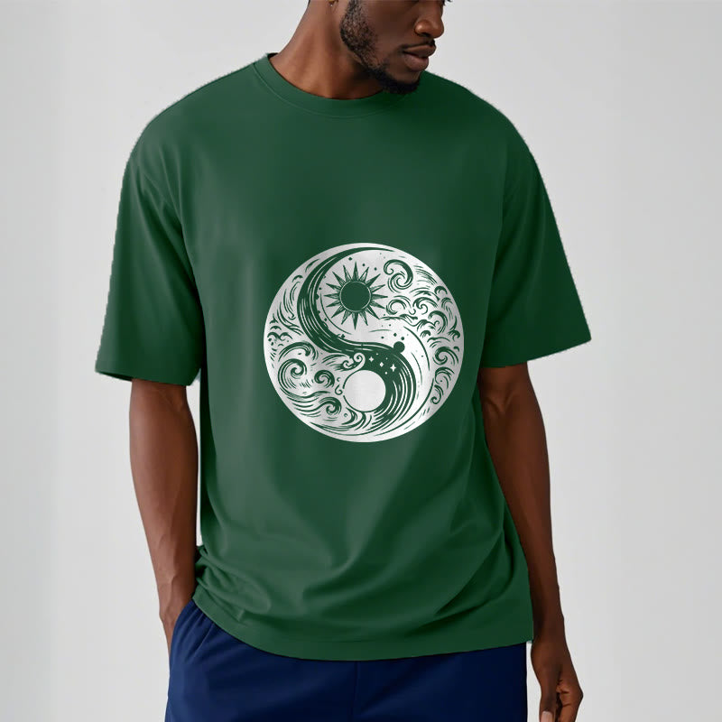Buddha Stones Słońce Księżyc Fale Yin Yang Wzór Bawełna Koszulka T-shirt - image 11