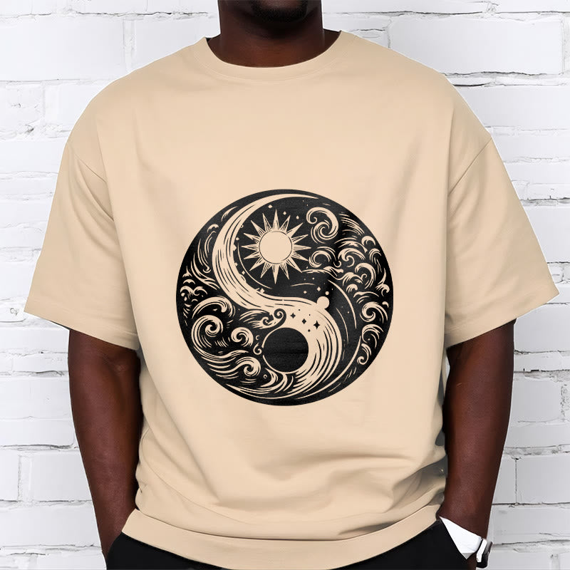 Buddha Stones Słońce Księżyc Fale Yin Yang Wzór Bawełna Koszulka T-shirt - image 9