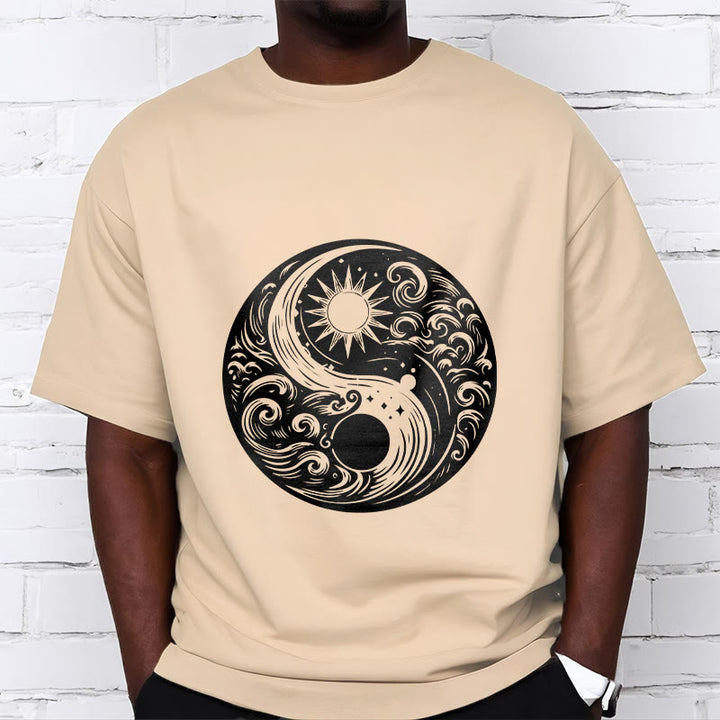 Buddha Stones Słońce Księżyc Fale Yin Yang Wzór Bawełna Koszulka T-shirt - image 9