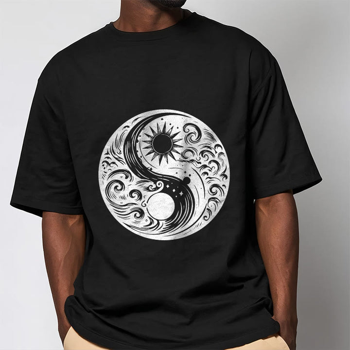 Buddha Stones Słońce Księżyc Fale Yin Yang Wzór Bawełna Koszulka T-shirt - image 5