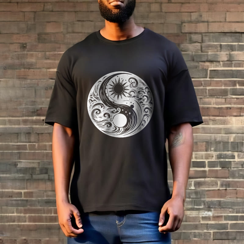 Buddha Stones Słońce Księżyc Fale Yin Yang Wzór Bawełna Koszulka T-shirt - image 7