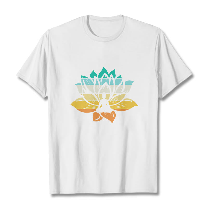 Buddha Stones Gradient-kolorowy kwiat lotosu Budda Medytacja Bawełniana koszulka T-shirt - Biały - 2XL - image 5