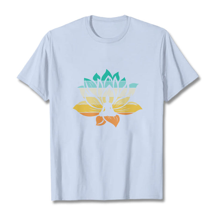 Buddha Stones Gradient-kolorowy kwiat lotosu Budda Medytacja Bawełniana koszulka T-shirt - Jasnoniebieski - 2XL - image 18