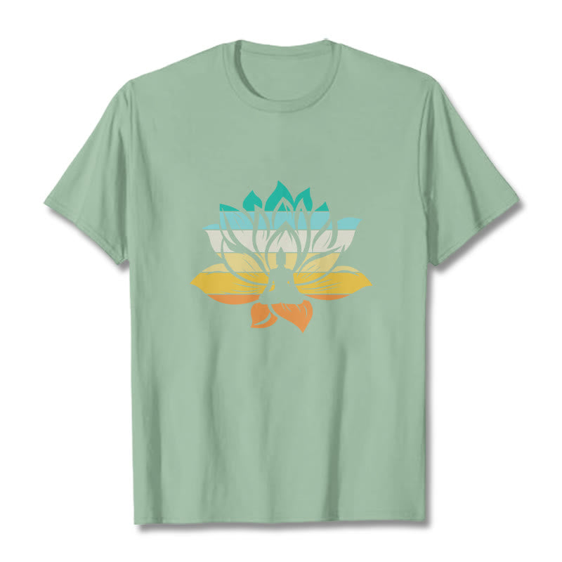 Buddha Stones Gradient-kolorowy kwiat lotosu Budda Medytacja Bawełniana koszulka T-shirt - PaleGreen - 2XL - image 15