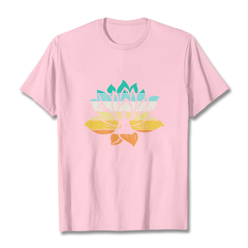 Buddha Stones Gradient-kolorowy kwiat lotosu Budda Medytacja Bawełniana koszulka T-shirt - Jasnoróżowy - 2XL - image 13