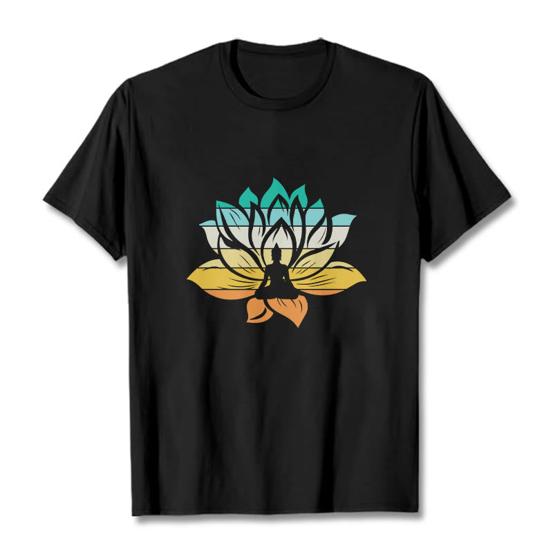 Buddha Stones Gradient-kolorowy kwiat lotosu Budda Medytacja Bawełniana koszulka T-shirt - Czarny - 2XL - image 0