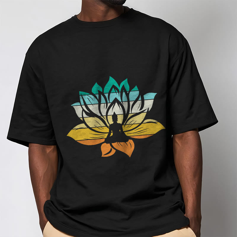Buddha Stones Gradient-kolorowy kwiat lotosu Budda Medytacja Bawełniana koszulka T-shirt - image 2