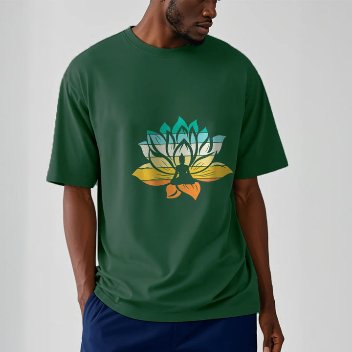 Buddha Stones Gradient-kolorowy kwiat lotosu Budda Medytacja Bawełniana koszulka T-shirt - image 12