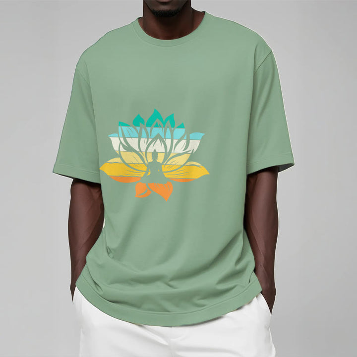 Buddha Stones Gradient-kolorowy kwiat lotosu Budda Medytacja Bawełniana koszulka T-shirt - image 15