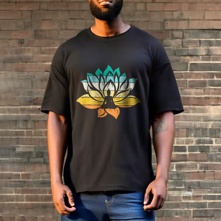 Buddha Stones Gradient-kolorowy kwiat lotosu Budda Medytacja Bawełniana koszulka T-shirt - image 3