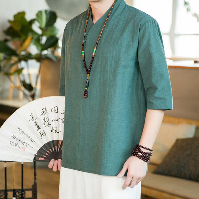 Koszula męska z bawełny Buddha Stones Summer Vintage Solid Color Frog-Button z trzema czwartymi rękawami - Ciemnocyjanowy - US/UK/AU46， EU56 (5XL) - image 0