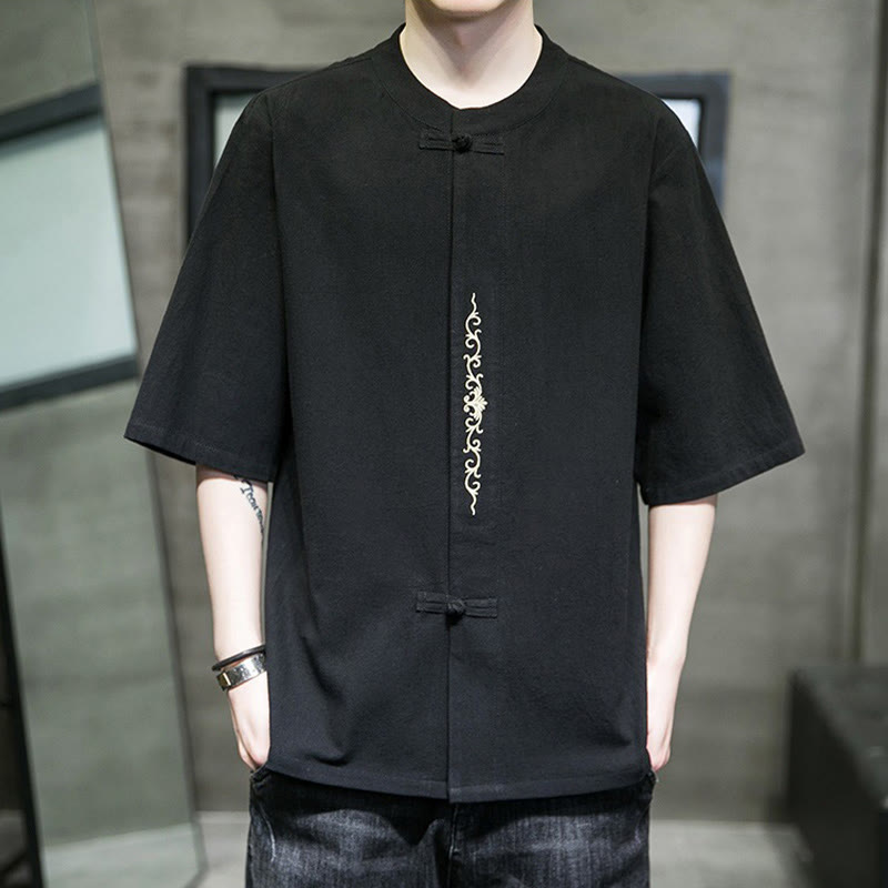 Buddha Stones Casual Jednokolorowa Żaba-Guzik Haft Męska Bawełniana Lniana Koszula Kardigan - Czarny - US/UK/AU46， EU56 (5XL) - image 17